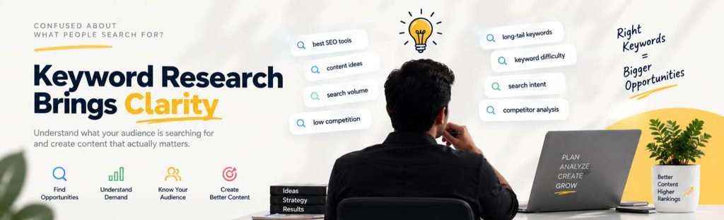 Keyword research for SEO showing search intent, search volume, keyword difficulty and competitor analysis